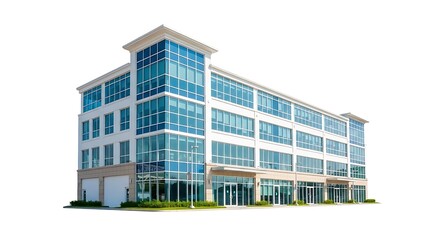 A modern office building with many windows and white exterior on a bright day with a white background