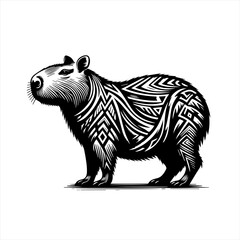 Fototapeta premium Stylized capybara illustration with tribal patterns in black and white