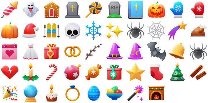 3D Holidays icons set including Christmas, New Year, xmas, Halloween, wedding, Easter, St. Valentine's day. PNG icon sheet.