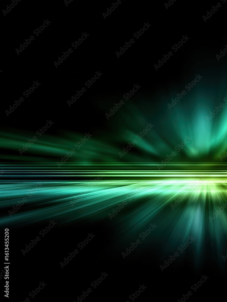 Poster dynamic green and blue lines weave a futuristic, glowing abstract motion pattern on a dark backgroun