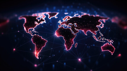 Neon Glowing World Map: Futuristic Design with Light Effects and Digital Technology