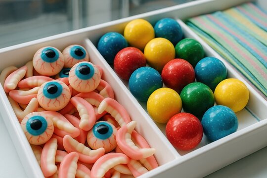 Colorful gummy eyeballs and teeth in box alongside striped napkin representing playful and spooky halloween candy assortment