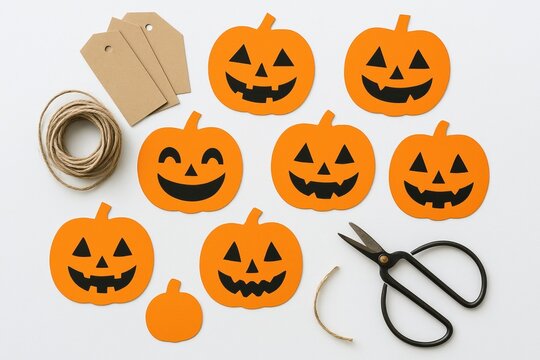 Halloween craft session with orange paper pumpkin cutouts, scissors, and twine on a white table, capturing festive creativity and preparation for holiday decoration