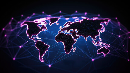 Neon Glowing World Map: Futuristic Design with Light Effects and Digital Technology
