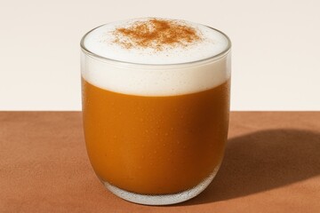 Close-up of a frothy cinnamon-topped pumpkin spice latte in a glass, capturing the warm, cozy autumn ambiance with rich, inviting colors and textures