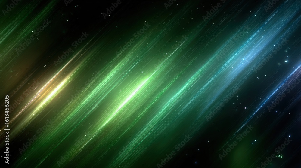 Poster abstract art with colorful green streaks and sparkles of light across a dark background, creating a 