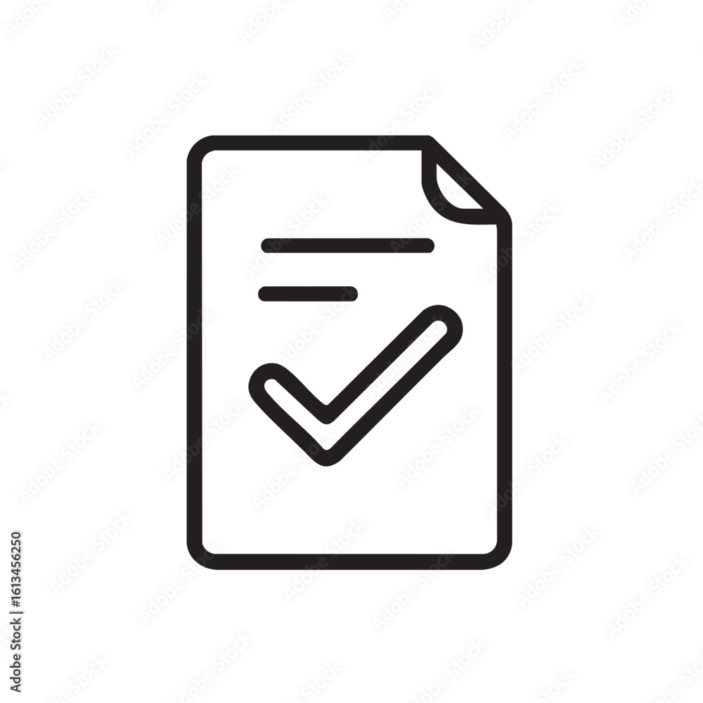 Poster a black and white line icon of a document with a checkmark.