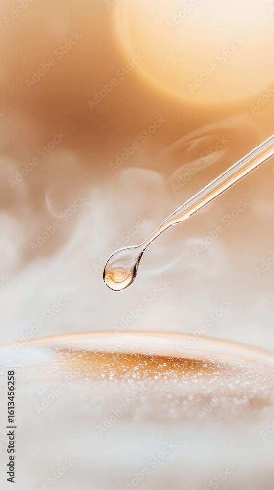 Poster pipette dripping golden liquid, creating a drop falling onto a swirling surface with fine particles,
