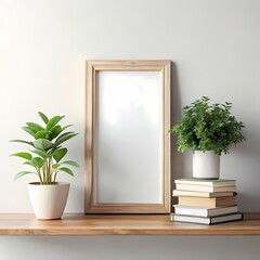 Blank Frame Mockup, Minimalist Home Decor with Plants and Books