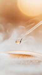 Pipette dripping golden liquid, creating a drop falling onto a swirling surface with fine particles, blurred warm background with soft light.