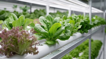 Fresh lettuce growing in indoor hydroponic vertical farm with led lighting