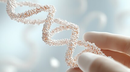 Detailed look at genetic engineering helix structure being held delicately with light background. DNA science concept.