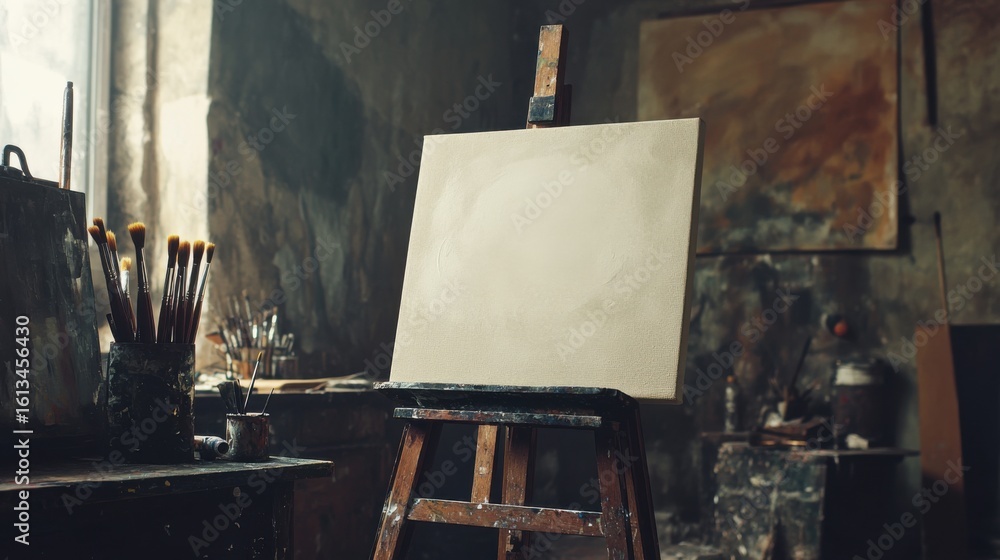 Poster a blank canvas awaits inspiration within a rustic and artistic studio setting