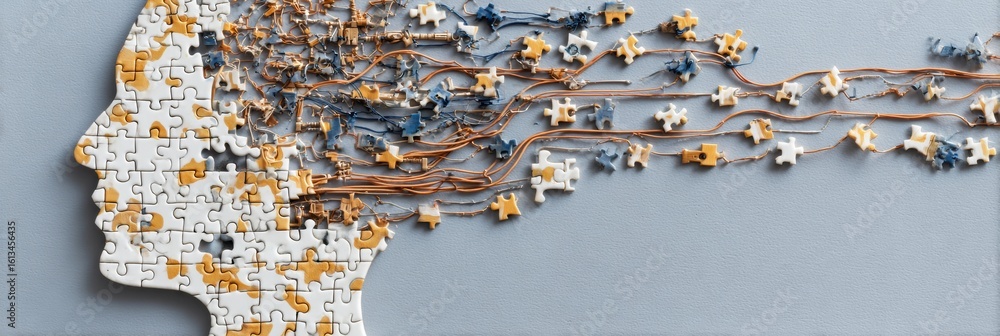 Poster abstract representation of a human figure composed of puzzle pieces and wires with minimalistic left