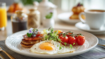 A beautifully arranged plant based meal, a vegetarian breakfast in a white ceramic plate, cinematic.