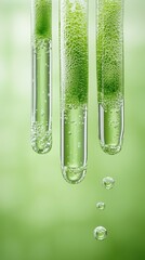 Three clear test tubes with green substance and bubbles creating new genetic material, scientific exploration.