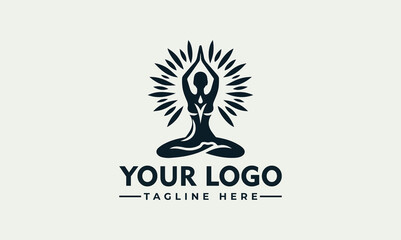 Stylized logo of a person in a lotus yoga pose with radiating lines behind them, above placeholder text.