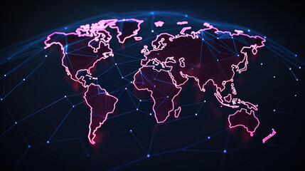Neon Glowing World Map: Futuristic Design with Light Effects and Digital Technology