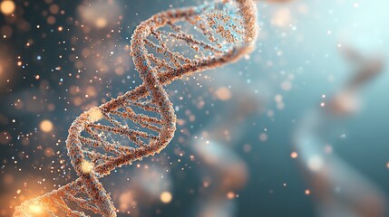 Abstract spiral genetic engineering strand with glowing particles and bokeh highlights on a blue background.