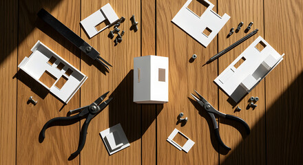 Disassembled White House Model with Tools on Wooden Surface