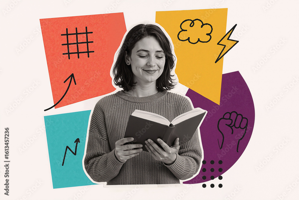 Poster smiling woman reading book with colorful abstract shapes and symbols in background conveying creativ