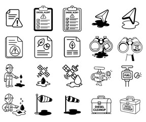 Diesel Rig Spill concept. Diesel-related icons and cleanup imagery in black and white.