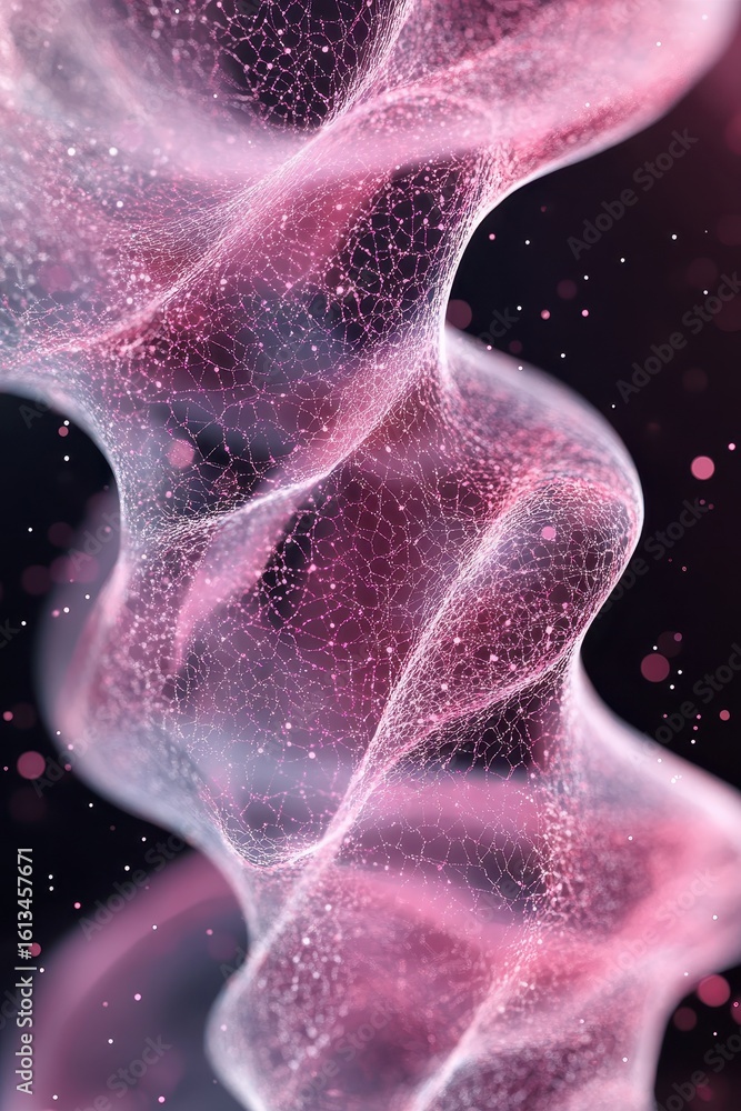 Poster abstract pink genetic helix structure with sparkling particles and connections, representing bio sci