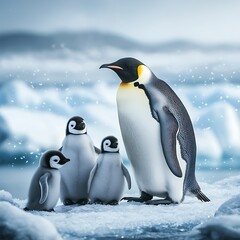 Penguin parents and baby on icy edge high resolution picture