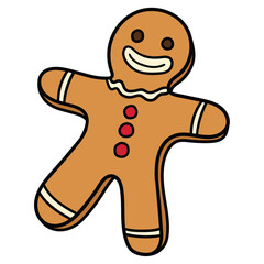 Hand-drawn cartoon gingerbread man with a smiling face on a white background.