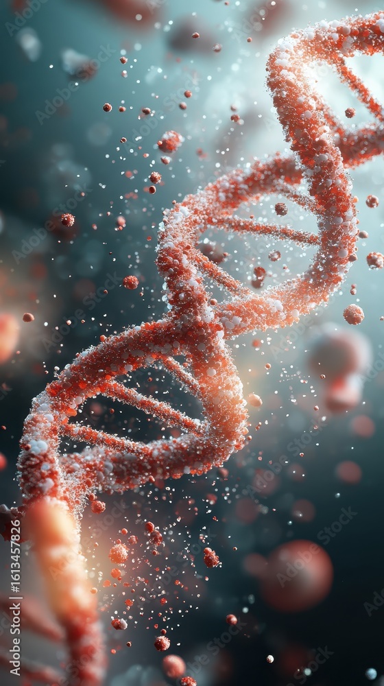 Poster close up of a detailed red double helix strand with particles floating around in a dark, blurred bac