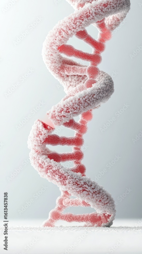 Poster the pink dna double helix structure is dusted with white particles against a clean bright backdrop c