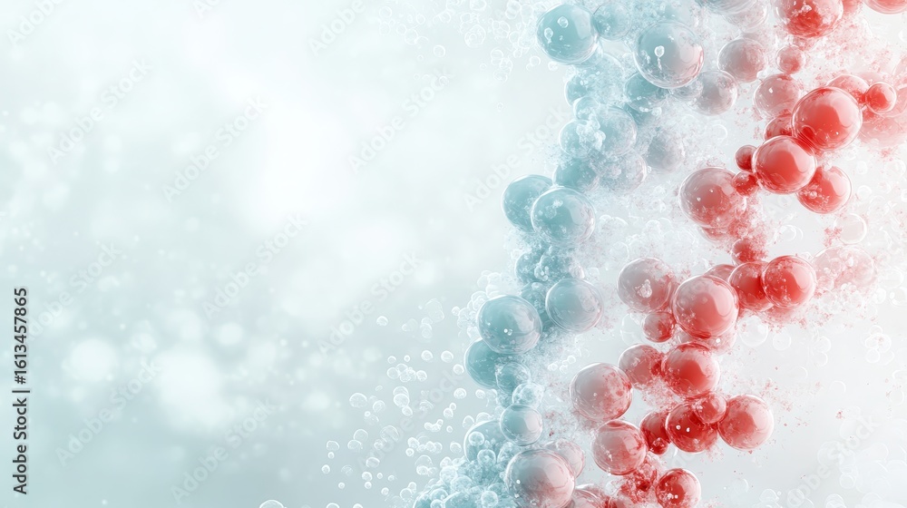 Poster abstract molecular structure with blue and red spheres and bubbles on light background.