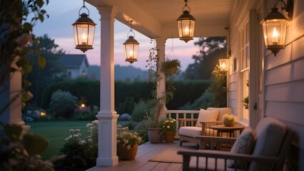 Cozy Evening on a Well-Lit Porch with Comfortable Seating and Lush Garden View