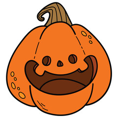 Hand-drawn cartoon halloween pumpkin with scary spooky smile on white background.