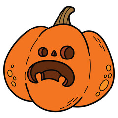Hand-drawn cartoon halloween pumpkin with scary spooky smile on white background.