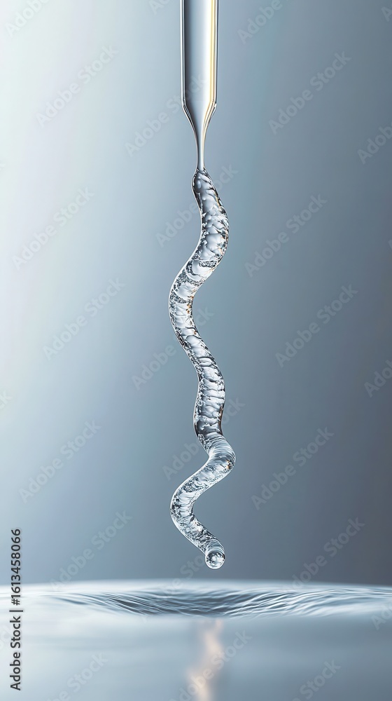 Poster liquid stream flowing from pipette creating dna helix shape in clean laboratory setting
