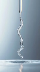 Liquid stream flowing from pipette creating DNA helix shape in clean laboratory setting