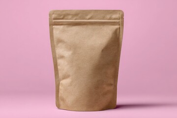 Blank kraft paper stand up pouch with zipper closure on a pastel pink background