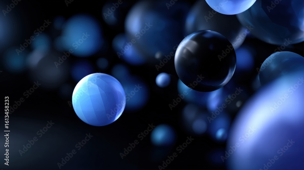Poster abstract blue spheres floating in the dark, creating a sense of depth and curiosity. the spheres var