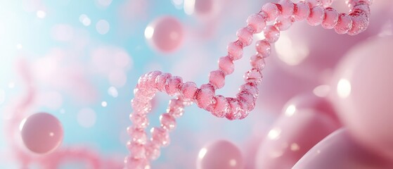 Pink DNA strand floating with soft spheres in a light blue background, abstract science concept.