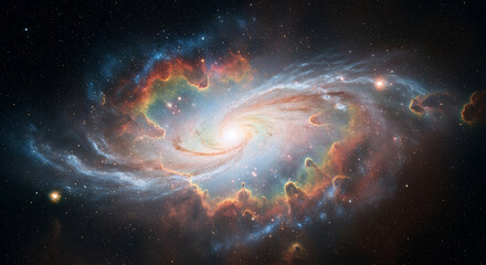 A magnificent spiral galaxy glows with a brilliant core, surrounded by swirling arms of colorful gas, dust, and countless stars in the vastness of deep space.
