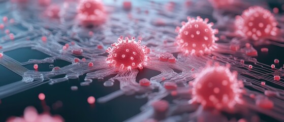 Genetic engineering microscopic structures showing virus like spheres on complex pathways