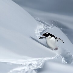 Penguin playfully moving on powdery snow valley high resolution picture