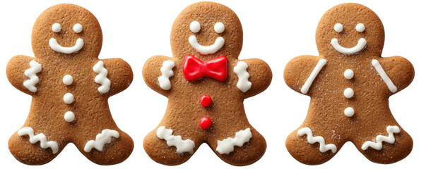 A charming trio of classic gingerbread men cookies with festive icing, a sweet Christmas holiday treat