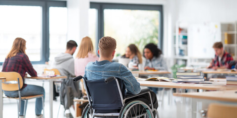 special education physical disability in school university college inclusion concept, disabled student teenager in wheelchair in classroom learning
