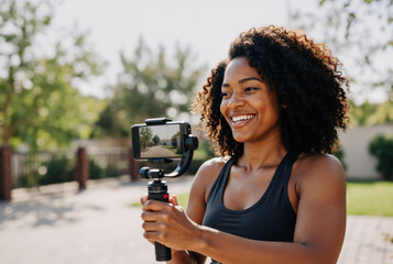 Smiling young black woman capturing outdoor moments with handheld smartphone gimbal on a sunny day in a park setting