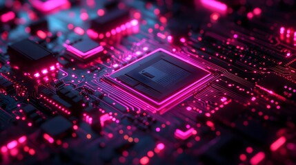 An intricate macro shot showcases the vibrant pink and blue illumination of a computer chip, highlighting the complexity of modern technology components today.