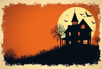 Spooky haunted house silhouette against orange full moon with flying bats and barren trees creating eerie halloween night scene