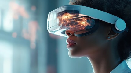 Person wearing advanced virtual reality headset showing glowing digital simulation and network connections, representing future technology and virtual exploration.