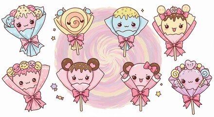 Cute cartoon lollipop bouquets digital illustrations